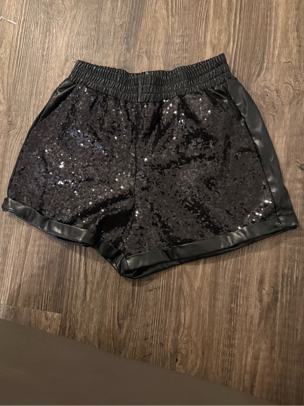 entro Black Sequin High-Waist Shorts with Faux-Leather Trim